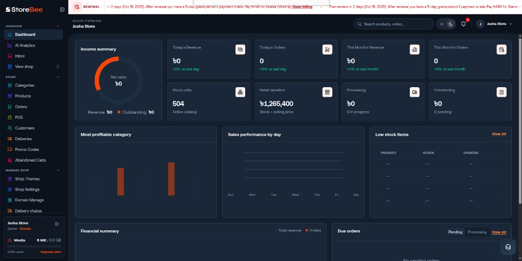 Storebee merchant dashboard in dark mode